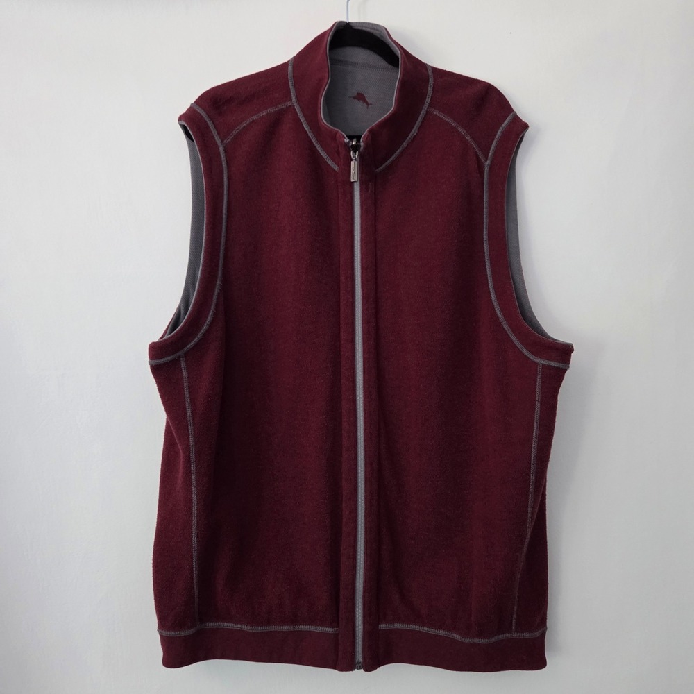 Tommy Bahama Vest Burgundy Grey Reversible Fleece Full Zip‎ Mens XXL